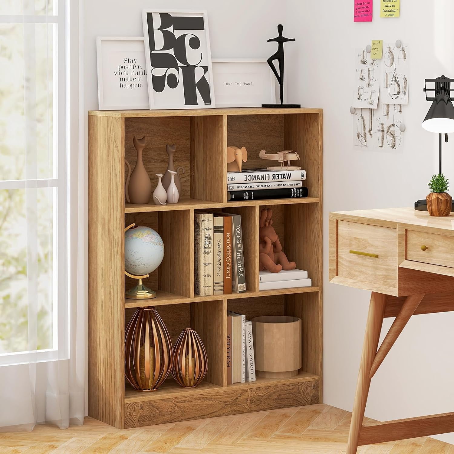 WBTER 7-Cube Bookshelf, 41” Floor Bookcase with 2 Anti-Tipping Kits, Freestanding Storage Organizer, 4-Tier Display Shelf for Home, Office & Dorms (Natural, 7-Cube)