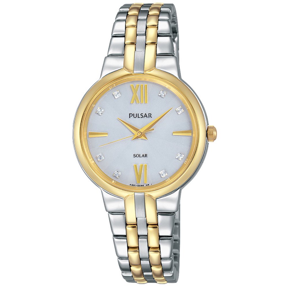 Pulsar Women Solar Dress Watch TwoTone Crystal SilverTone Dial 30m