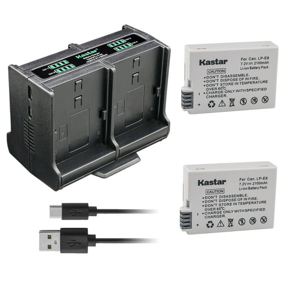 Kastar 2-Pack Battery and Quadruple Charger Compatible with Canon LP-E8 LPE8 Battery, LC-E8 LC-E8E Charger, EOS T2i T3i T4i T5i 550D 600D 650D 700D Kiss X4 X5 X6 Camera, BG-E8 Camera Grip