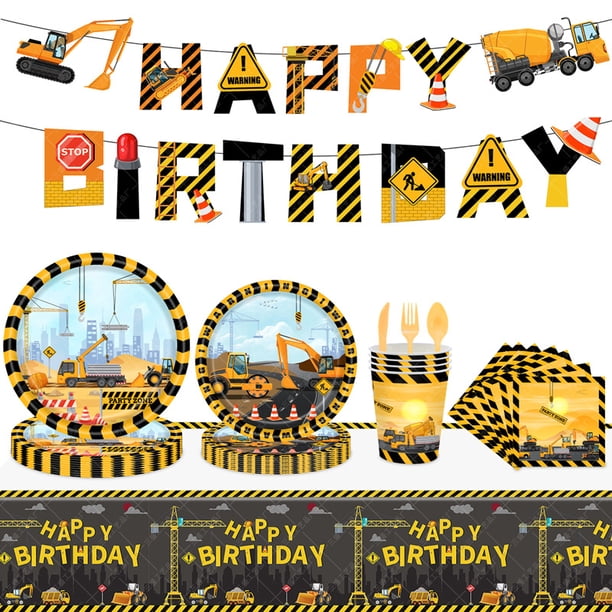 Camión de construcción, excavadora, carretilla elevadora, fiesta de construcción, niño, vaso de papel, plato de papel, mantel, pancarta, suministros de decoración de cumpleaños
