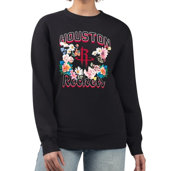 Women's G-III 4Her by Carl Banks Black Houston Rockets Flowers Team Logo Graphic Fleece Crewneck Pullover Sweatshirt