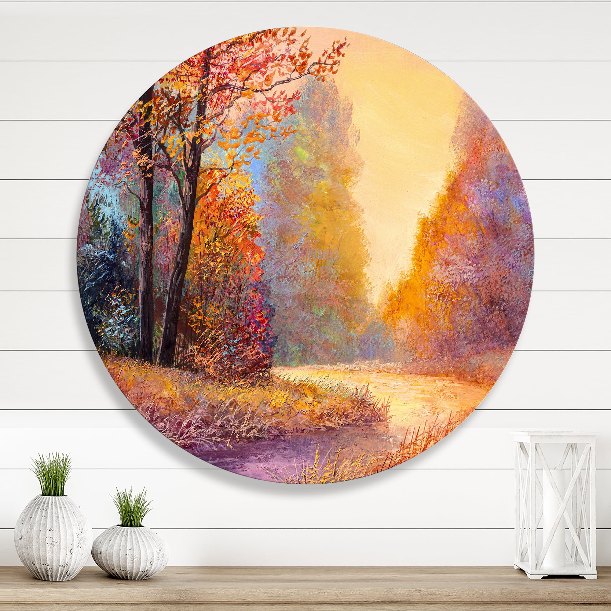 Designart 'The Autumn Forest Orange Leaves Landscape With Path' Lake House Circle Metal Wall Art 11x11 - Disc of 11