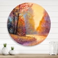 thumbnail image 2 of Designart 'The Autumn Forest Orange Leaves Landscape With Path' Lake House Circle Metal Wall Art 23x23 - Disc of 23, 2 of 5