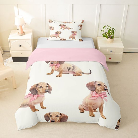 Homewish Cute Pink Bow Dachshund Twin Duvet Cover,Cartoon Animals Twin Bedding,Cream,Pink Reversible,2-Piece,1 Duvet Cover and 1 Pillowcase