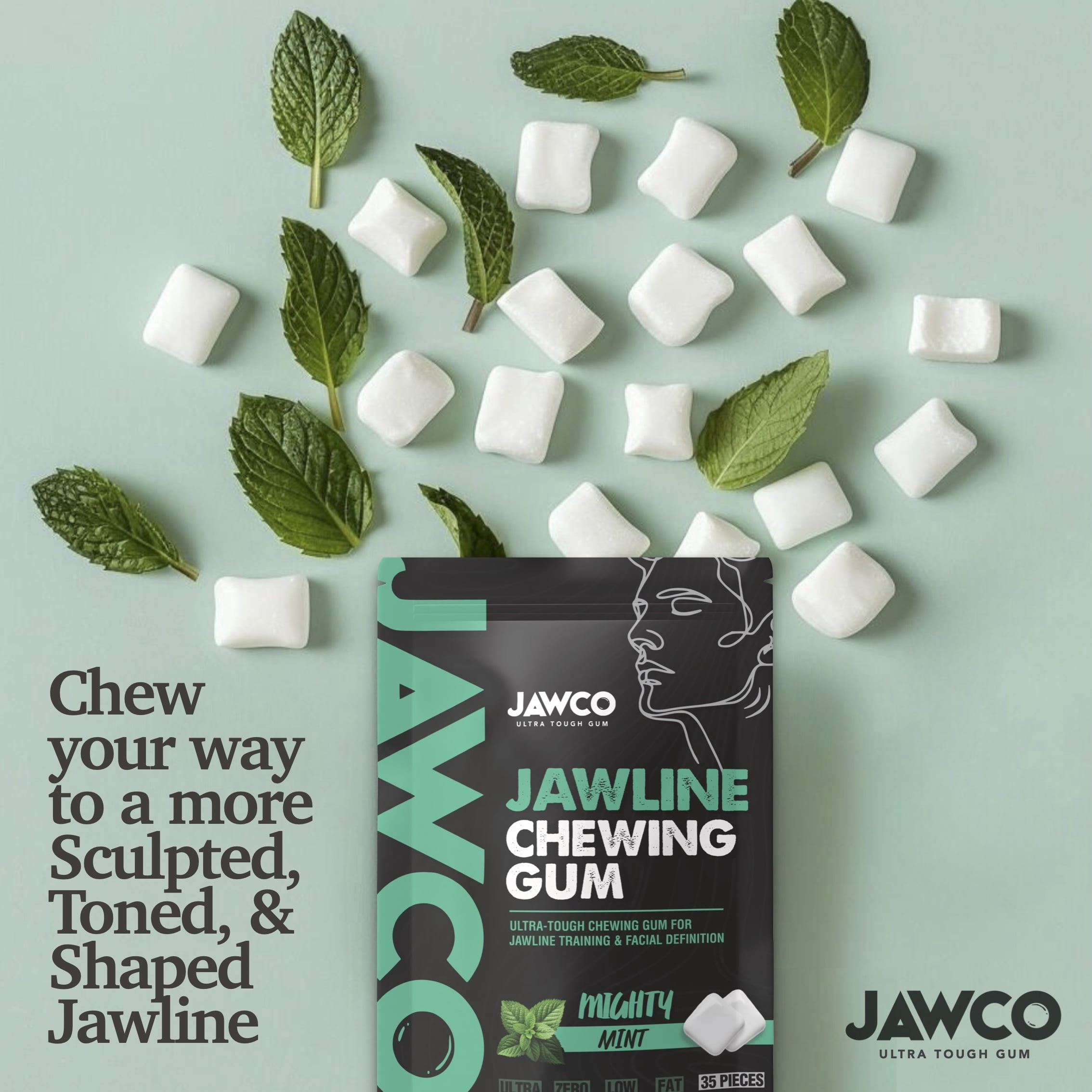 JAWCO Ultra-Tough Jawline Chewing Gum | Mighty Mint Facial Fitness Hard Gum | 3-PACK