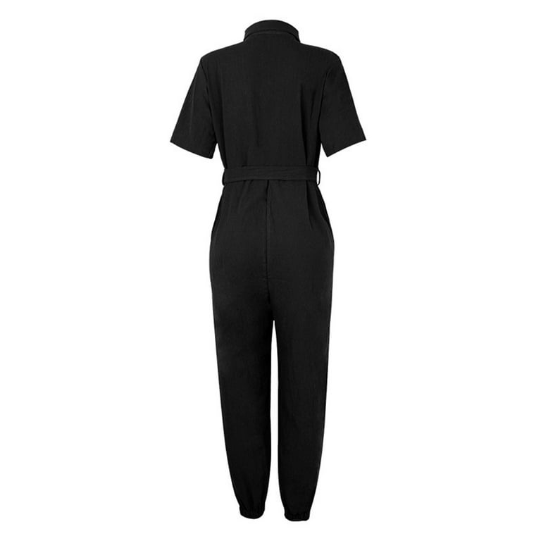 Jumpsuits For Women Summer Casual Short Sleeve Lapel Button Down Belt Work  Jumpsuit Rompers With Pockets