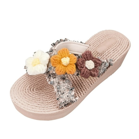 

Sandals Women Beachy Summer Bohemian Style Rope Weaving Beach Outside Wear Slope Heel Large Size Sandals Slippers