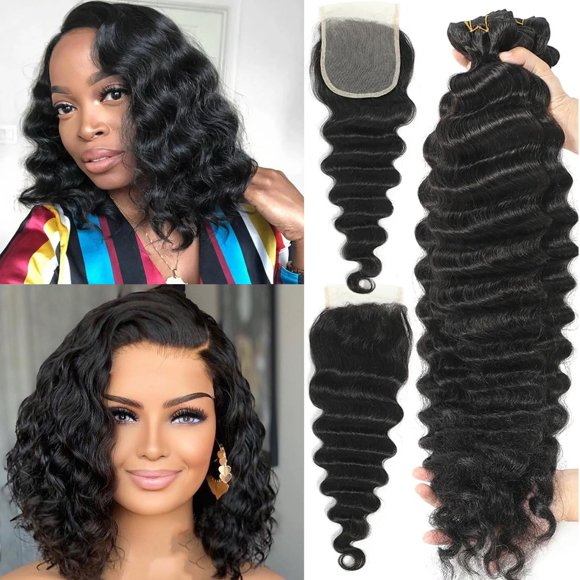 Brazilian Loose Deep Wave Bundles with Closure 3 Bundles and Closure Human Hair 10 12 14+10 Inch 100% Unprocessed Raw Wet and Wavy Weave Hair Bundles