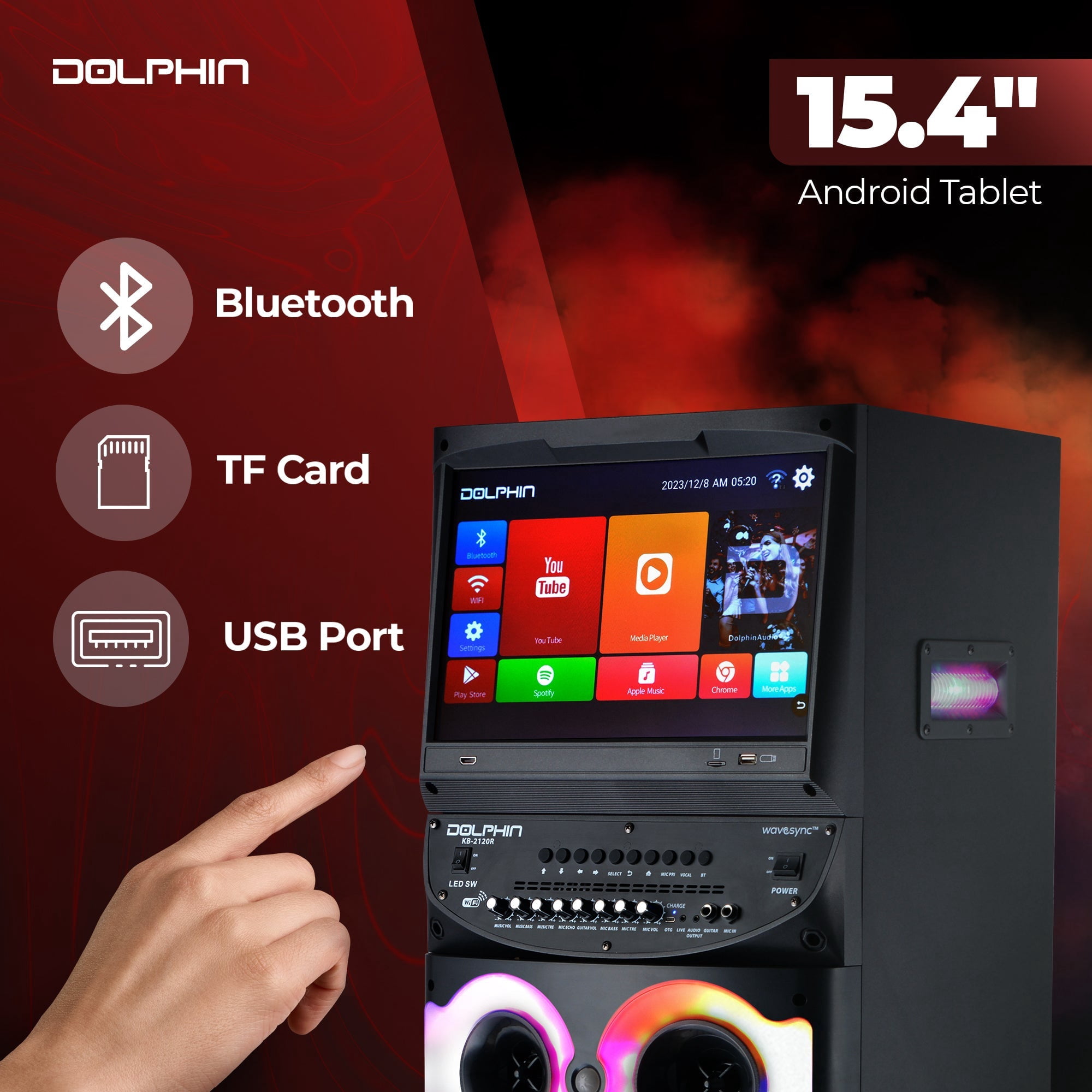 Dolphin XL-2120 KaraokeBox Dual 12" Bluetooth Karaoke Speaker – 200W Powerful Bass, 15" Smart Android Touchscreen, HDMI Output, WiFi, 2 Wireless Mics – Perfect for Parties, DJs, and Events
