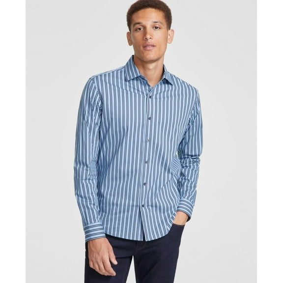 Michael Kors Men's Slim-Fit Stretch Halo Stripe Button-Down Shirt Chambray-2XL