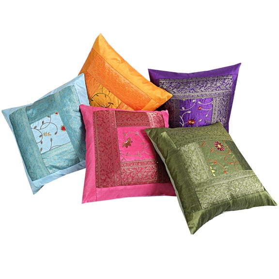 Stylo Culture Indian Decorative Polydupion Multicolored Throw Pillow Covers 16x16 Embroidered Brocade Patchwork Elegant Couch Pillow Case Covers Floral 40x40 cm Cushion Covers (Set Of 5)