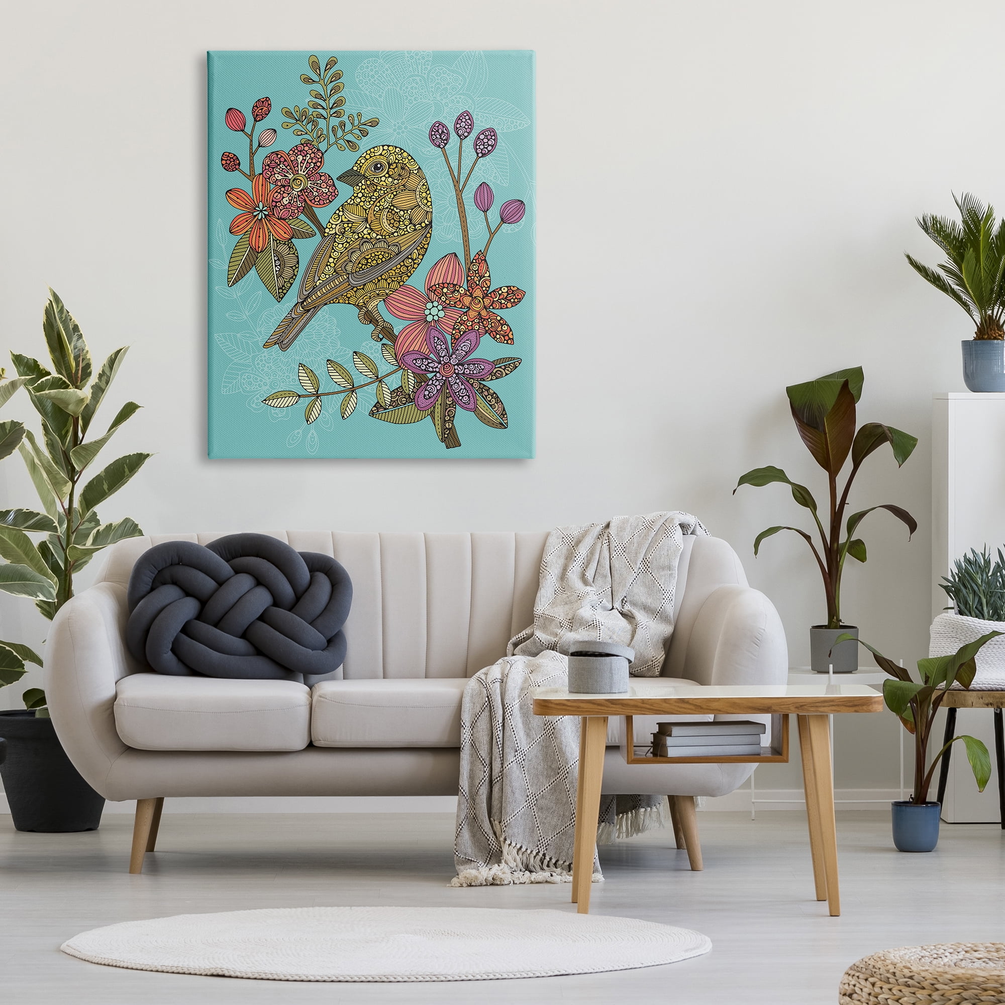 Stupell Industries Finch Perched Flower Branch Intricate Pattern Designs Graphic Art Gallery Wrapped Canvas Print Wall Art, Design by Valentina Harper