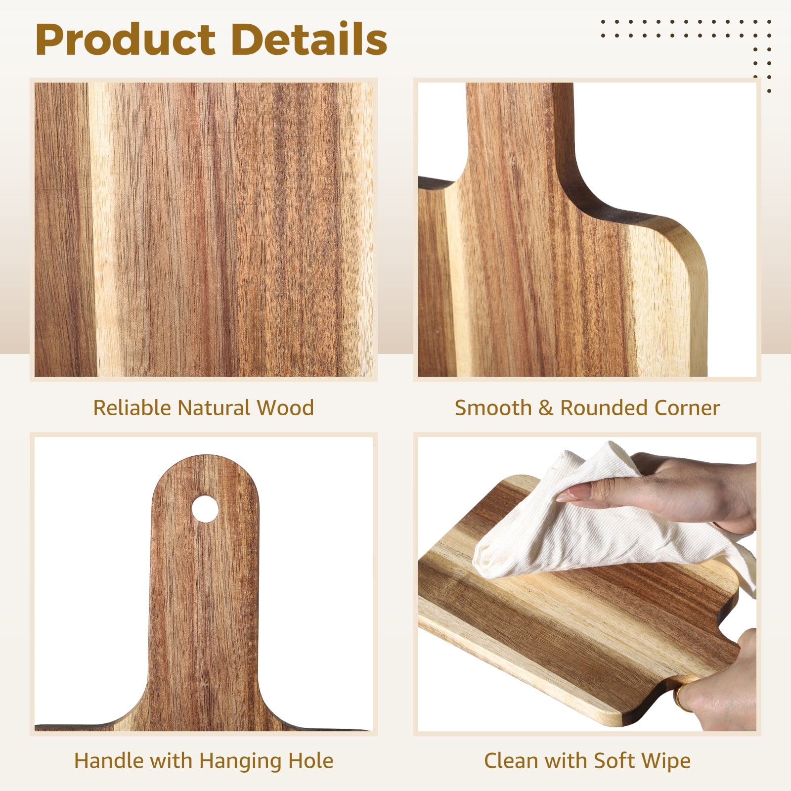6-Piece Acacia Wood Cutting Board Set, Natural Wood Charcuterie Boards with Handles, for Kitchen, Serving, Party, Picnic, Home & Restaurant Use