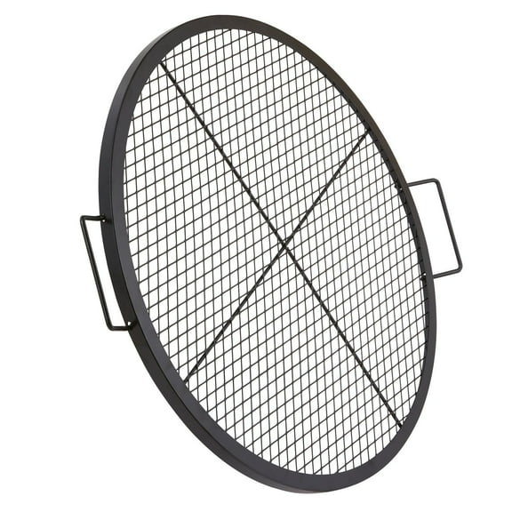 X-Marks Fire Pit Grill Grate - 30 Inch Heavy Duty Steel Round BBQ Cooking Grid with Handle & Support X Wire - Portable Camping Cookware for Outdoor Parties & Gatherings (Black)