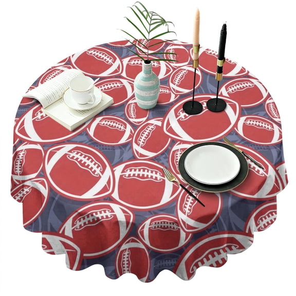 Red Footballs on Blue Pattern Round Tablecloth 60"x60",Wrinkle Wipeable Table Cloth for Kitchen Dining Room Picnic Patio Party