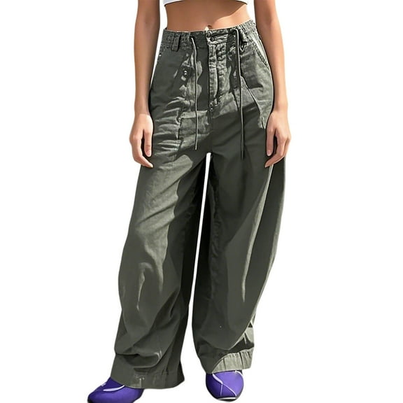 Fgnfyis Women's Casual Mid Waist Cargo Jeans Stretch Wide Leg Denim Pants with Pockets Banana Pants for Women with Drawstring Design Green M