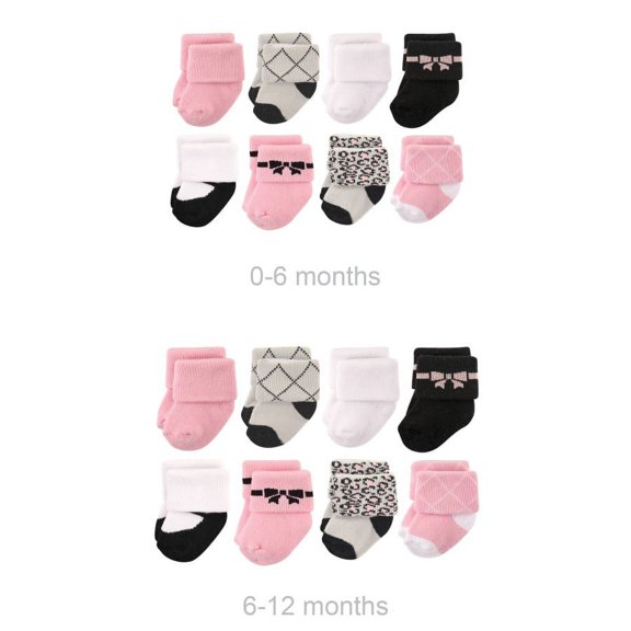 Hudson Baby Infant Girl Grow with Me Cotton Terry Socks, Bows, 0-6 and 6-12 Months