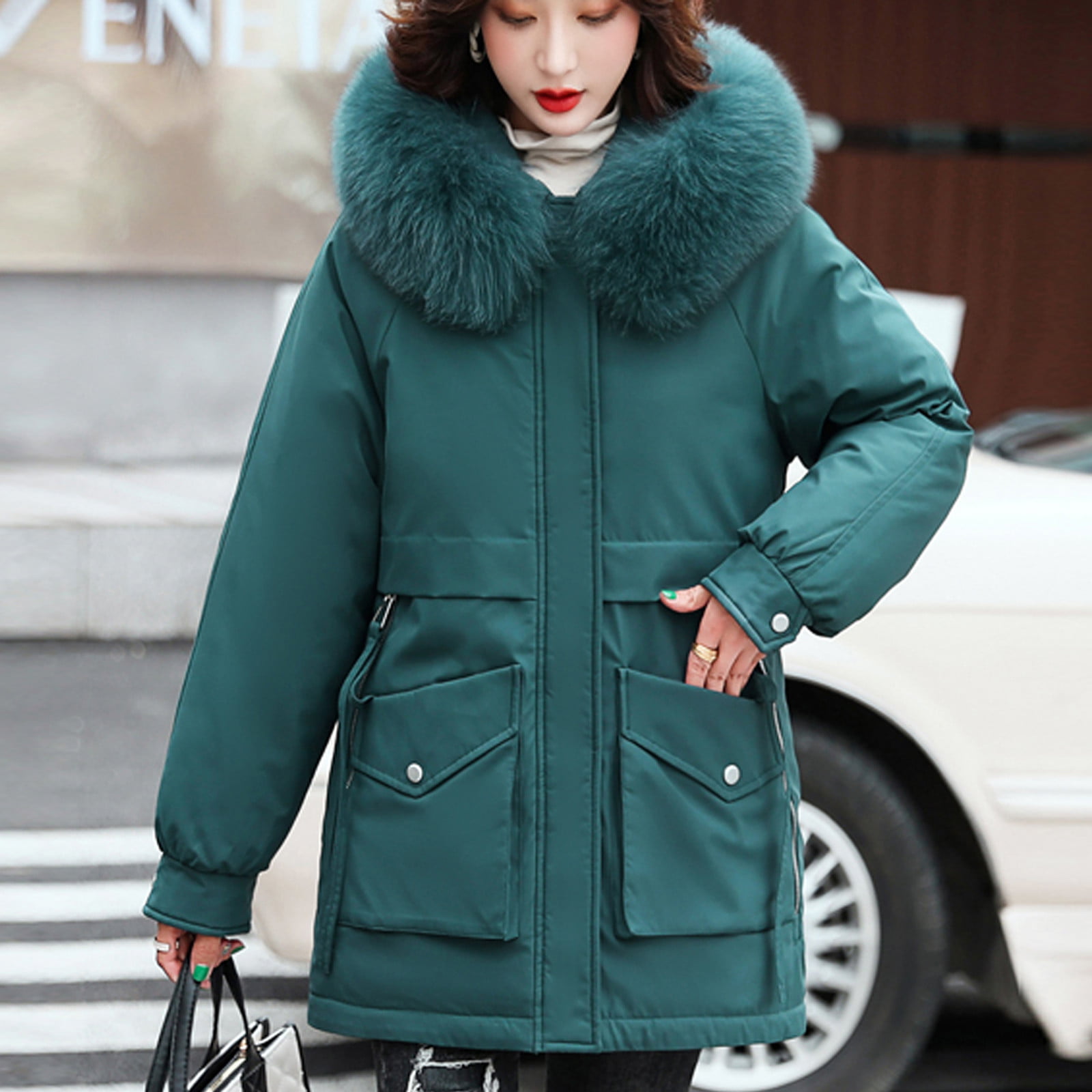 Womens Warm Long Coat Fur Collar Hooded Jacket Slim Winter Parka Outwear Coats