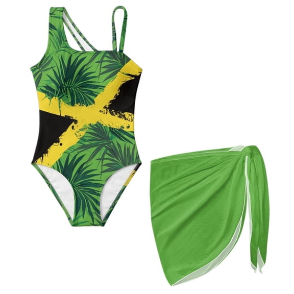 SEANATIVE Girls One-Piece Swimsuits with Mesh Cover-up Skirt One-Piece Bathing Suits Back Cutout Stylish Stretch Swimwear for Kids Teenagers, Size 7-8, Jamaican Flag Palm Leaf Green