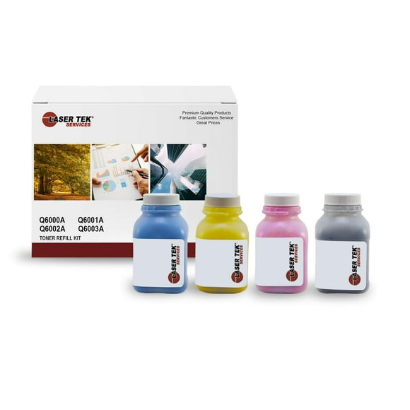 Laser Tek Services Compatible Toner Refill Kit Replacement for HP 124A Q6000A Q6001A Q6002A Q6003A Works with HP Color Laserjet 1600 2600 2600N Printers (Black, Cyan, Magenta, Yellow, 4 Pack)