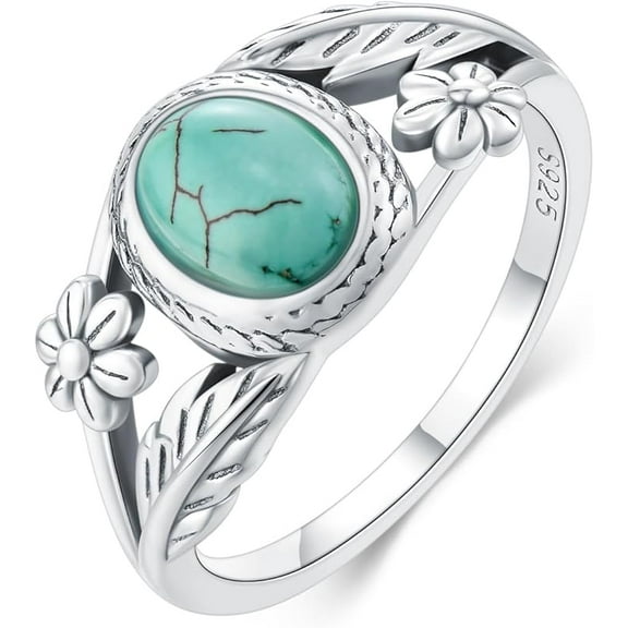 Turquoise Ring for Women 925 Sterling Silver Leaf Ring Leaf Turquoise Ring Western Oval Bohemia Jewelry Vintage Inspired Ring Gift for Women Wife Mom