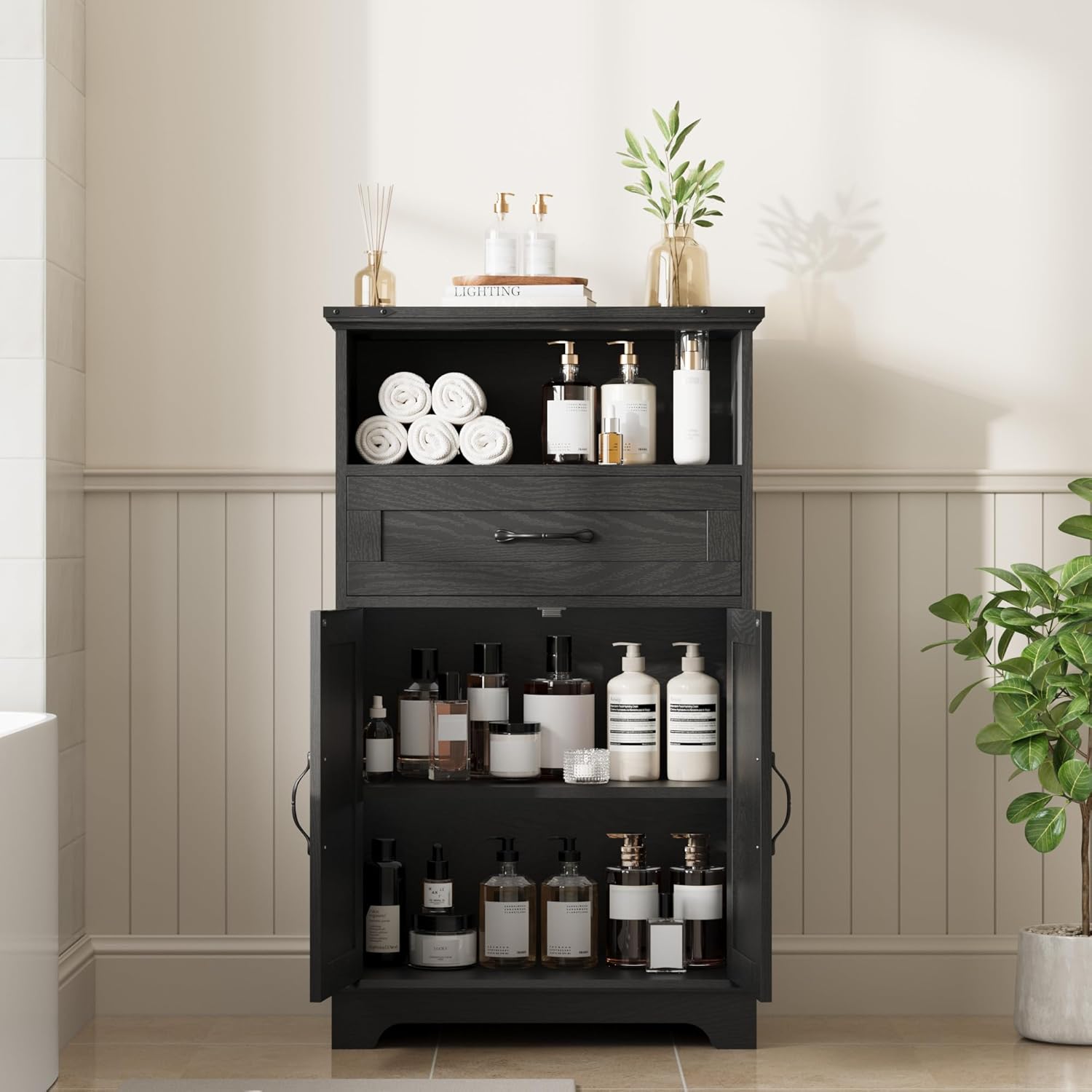 Farmhouse Bathroom Cabinet, Bathroom Storage Cabinet for Kitchen, Living Room, Entryway, Black