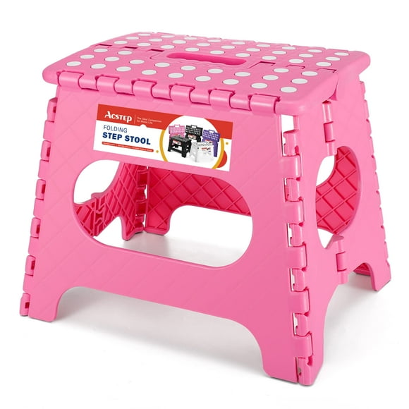 ACSTEP Folding Step Stool for Adults-11 Height Lightweight Plastic Stepping Stool. Foldable Step Stool Hold up to 300lbs Non Slip Collapsible Stool Pink