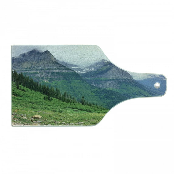 Glacier National Park Cutting Board, Summer Landscape with Grassy Land and Majestic Mountains, Decorative Tempered Glass Cutting and Serving Board, in 3 Sizes, by Ambesonne
