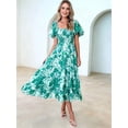 thumbnail image 3 of Women'S Summer Casual Midi Dress Puffy Short Sleeve Square Neck Smocked Tiered Ruffle Dresses Green Flowers S, 3 of 5