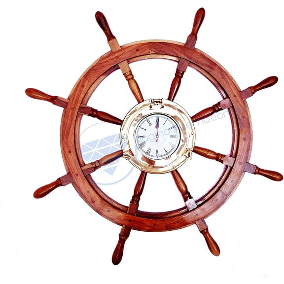 Nagina International 36" Pirate Wooden Crafted Ship Wheel with 10" Brass Porthole Clock | Vintage Home Decor Gift