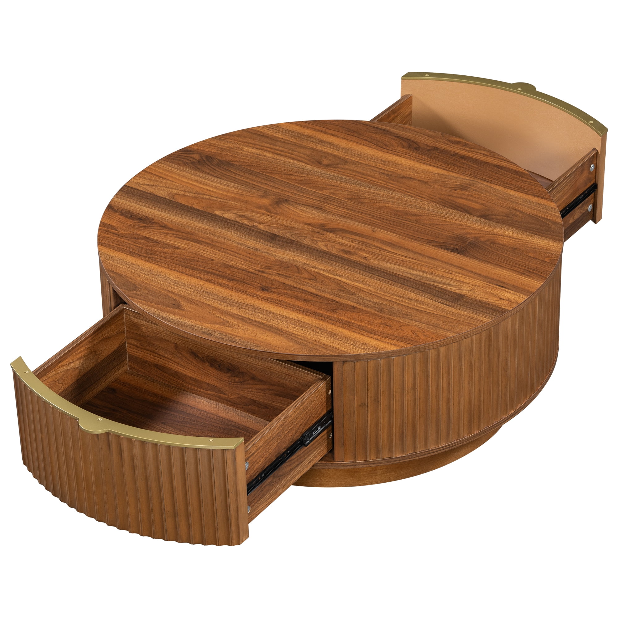 Leumius Round Coffee Table with Storage Drawer, Modern Fluted Coffee Table with Golden Handle, Wood Center Table for Living Room Brown
