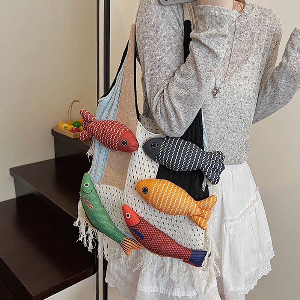 Jiibva Crochet Beach Shoulder Bag for Women Summer Tote handbags Shoulder Boho Bag with Handmade Fish for Summer Vacation