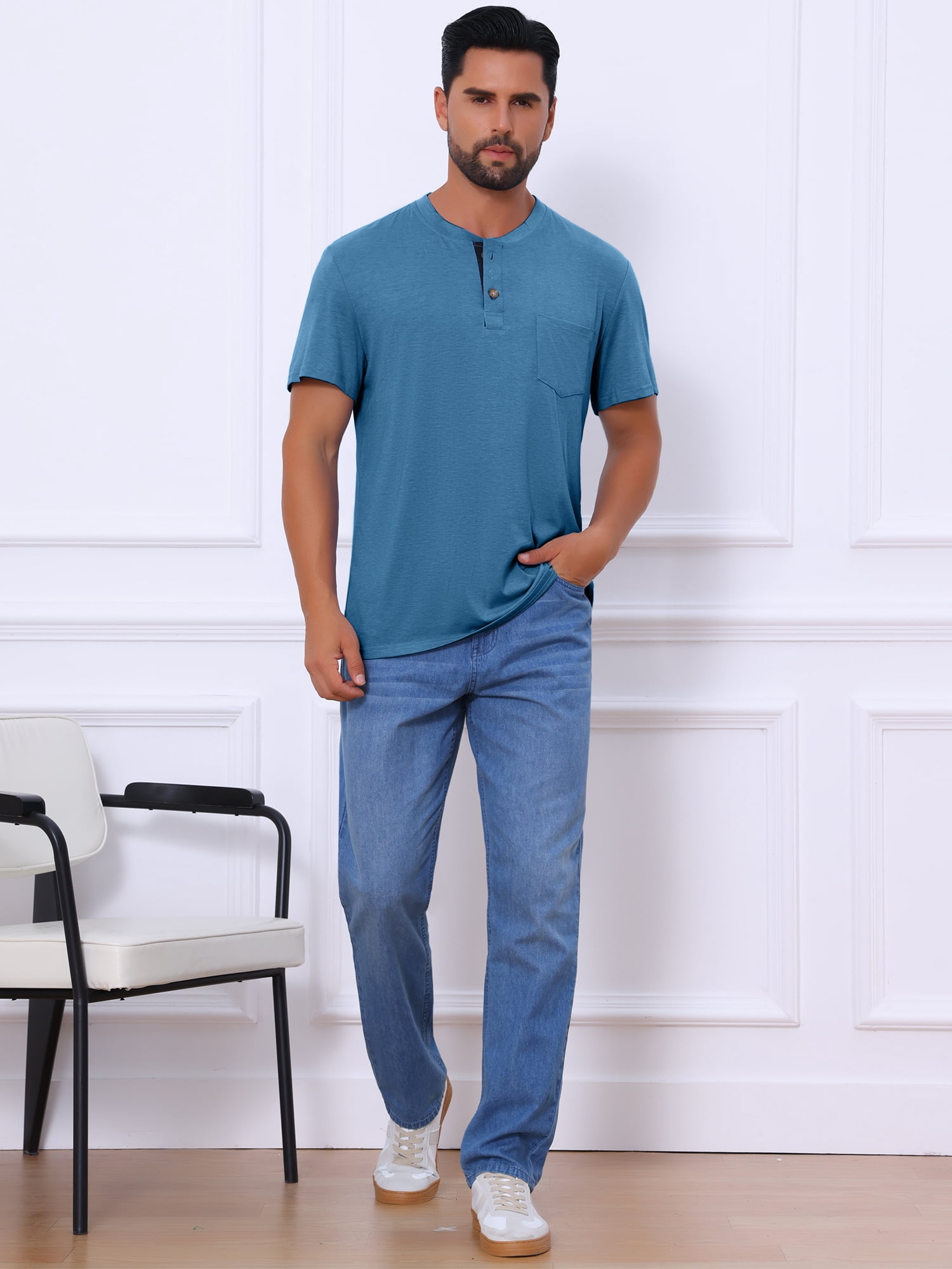 DARING DIVA Men's Casual Summer Short Sleeves Button Henley Basic Tee M Dark Blue