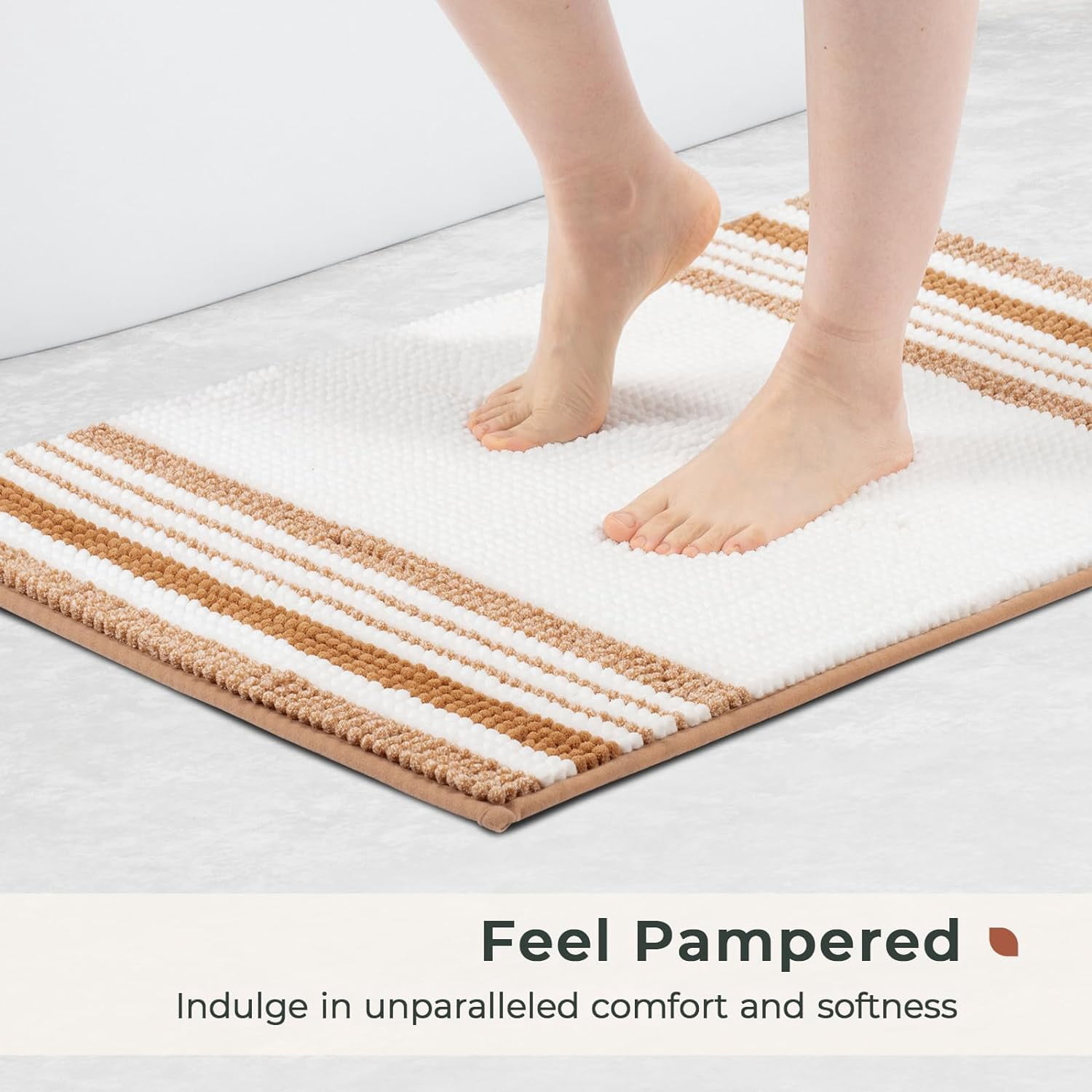 Stripe Chenille Bathroom Rugs Sets 2 Piece 17"x24"+20"x32", Bath Mats for Bathroom Non-Slip, Washable Boho Bath Rugs Set, Water Absorbent Shower Floor Mat, Persian Orange and White