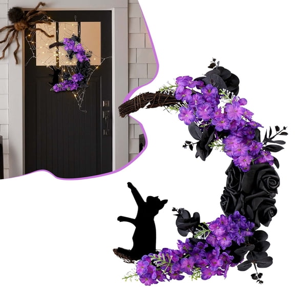 Light Up Halloween Black Cat Moon Wreath, Handmade Twig Front Door Hanging Decor with Sparkling Black Finish, Farmhouse Halloween Decoration for Door, Wall, Window & Indoor Outdoor Display