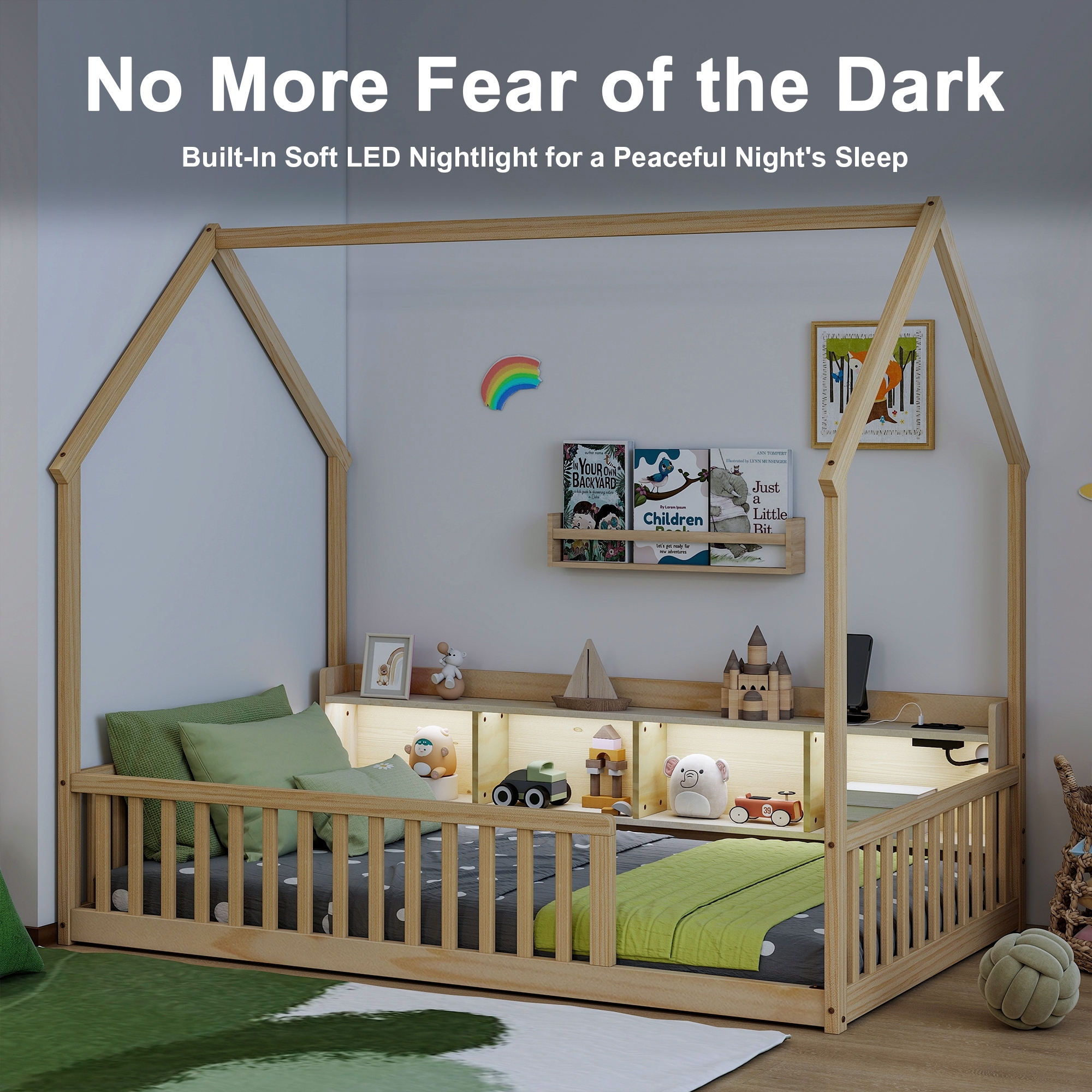 Leumius Twin Size House Floor Bed with Storage Shelves,Built-in LED Lights & Charging Station,Pine Wood Floor Bed Frame with Safety Guardrails for Kids Bedroom Natural