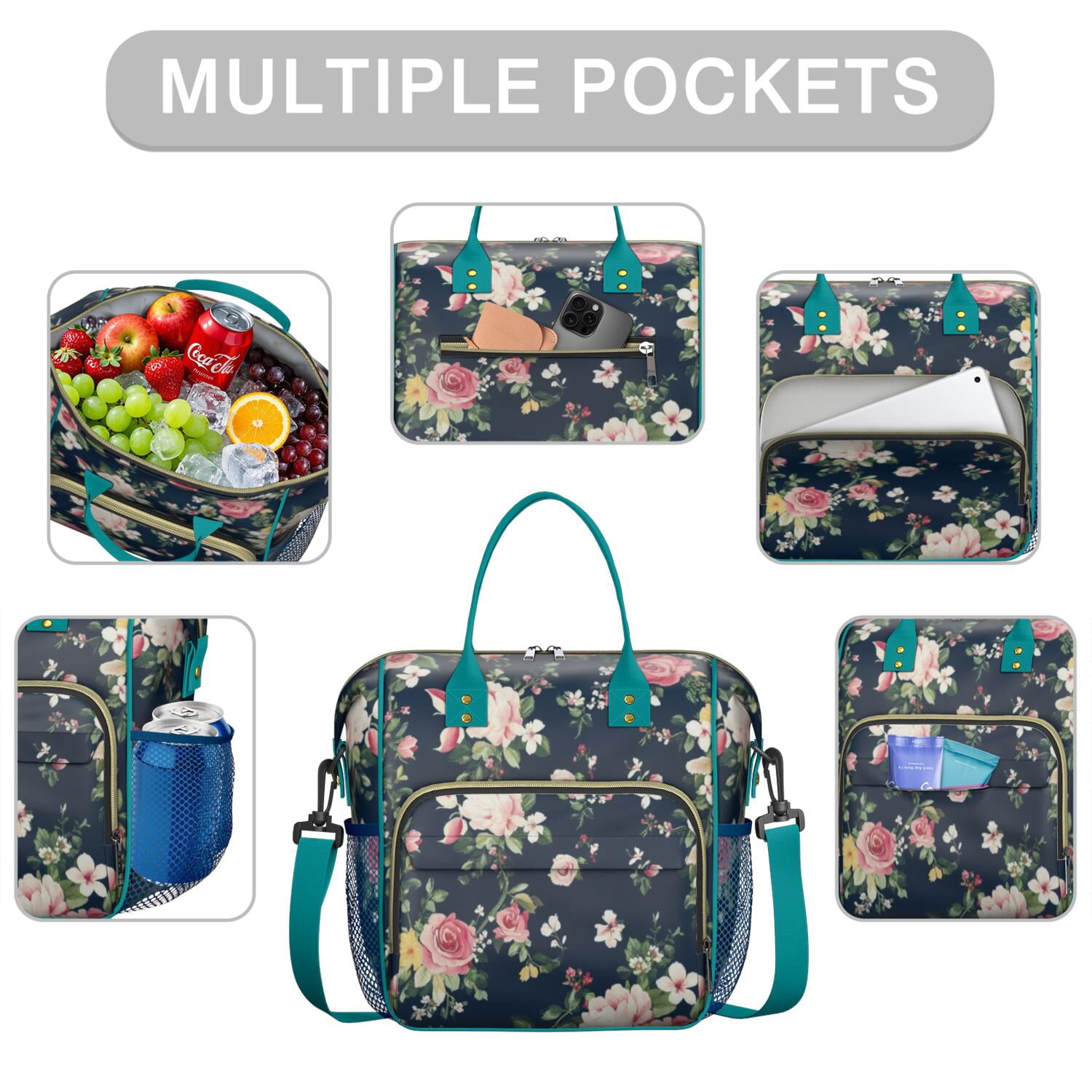 Pioneer Flower Floral Print Pattern Womens Lunch Box for Work,Insulated Large Lunch Bag for Tween and Teen,Loncheras Para Mujer,Leakproof Adult Lunch Bag for Work,Beach,Travel,Picnic,Camping