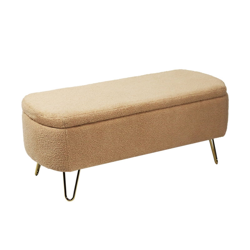 Comfort Stretch 39" Length Storage Ottoman Bench for Living Room,Camel Faux Fur Bedroom Bench with Entryway Oval Storage Upholstered Fabric Footrest Stool Padded Seat with Gold Legs