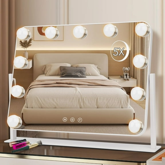 Hollywood Style Lighted Makeup Mirror - 3 Lighting Modes, 11 Dimmable Bulbs, Removable 5X Magnifying Mirror, Smart Touch Control, 360° Rotation