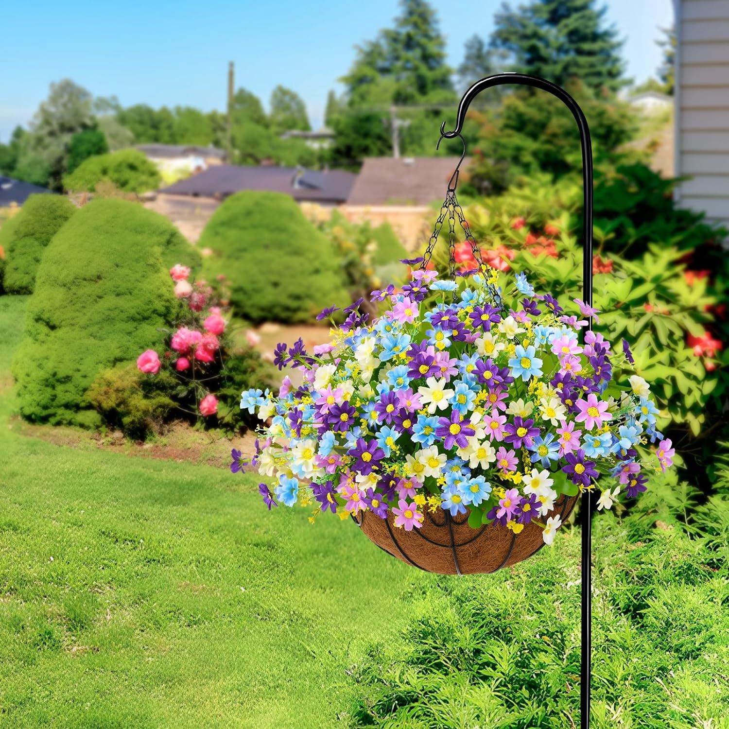 Artificial Hanging Flowers in Basket,Fake Daisy Plants Arrangement,inch Coconut Lining Basket Hanging Plant,Outdoor Indoor Patio Lawn Garden Porch Spring Decor (Dark Purple)