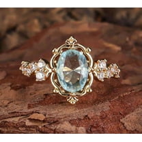 Oval Cut Aquamarine Halo18K Yellow Gold Over Silver Ring Art Deco Handmade Thin Matching Bridal Ring March Birthstone Half Eternity Ring