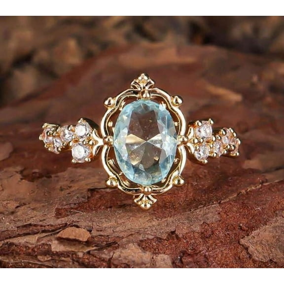 Oval Cut Aquamarine Halo18K Yellow Gold Over Silver Ring Art Deco Handmade Thin Matching Bridal Ring March Birthstone Half Eternity Ring