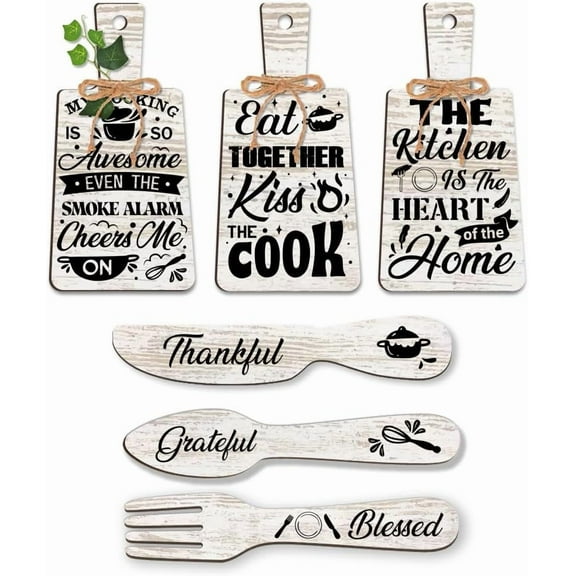 6pcs Kitchen Wall Decor Cook Food Style Wood Sign and Fork Kitchen Hanging Signs Dining Sign Farmhouse Wall Art Decoration with Hemp Rope for Home Kitchen Bar Cafe