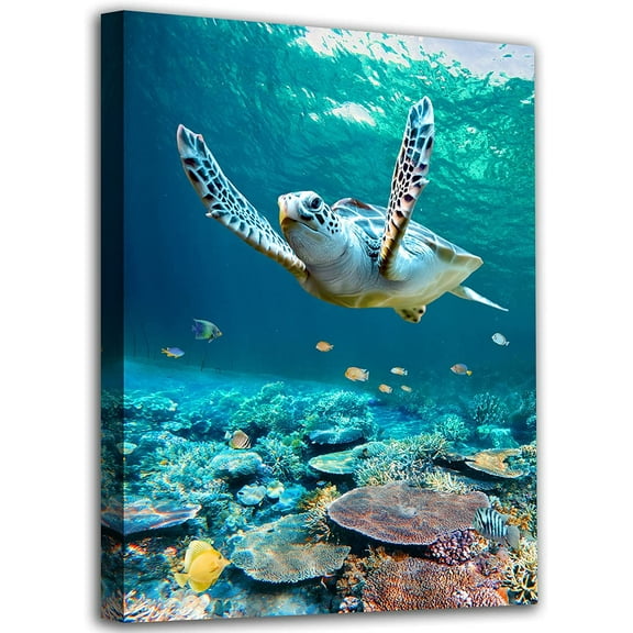 Ocean Canvas Wall Art Sea Turtle Wall Pictures Coral Theme Painting Modern Artwork Turquoise Wall Decor Fish Seascape Prints for Bathroom Decor Bedroom Living Room Kids Room Randy to Hang 12" x 16"