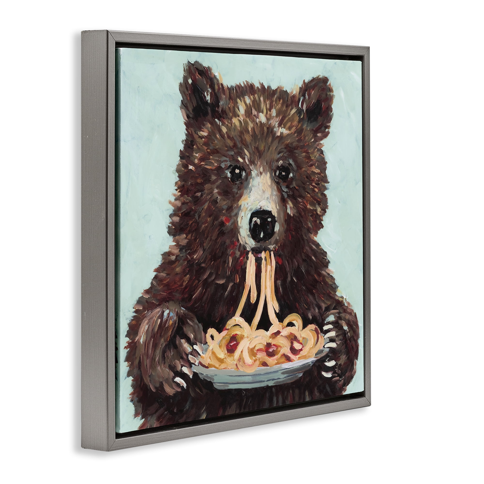 Whimsical Bear & Spaghetti Gray Framed Floater Canvas Wall Art, design by Studio Bautista