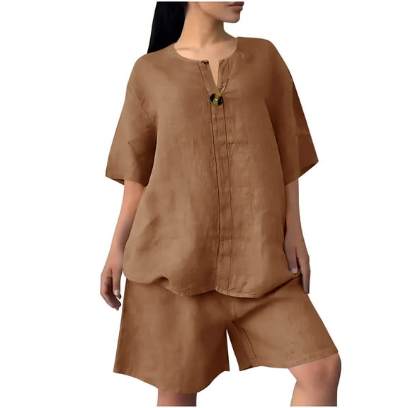 Atogsazn Womens Oversized Linen 2 Piece Set Plus Size V Neck Short Sleeve Blouse Shorts Outfit Fashion Brown XL