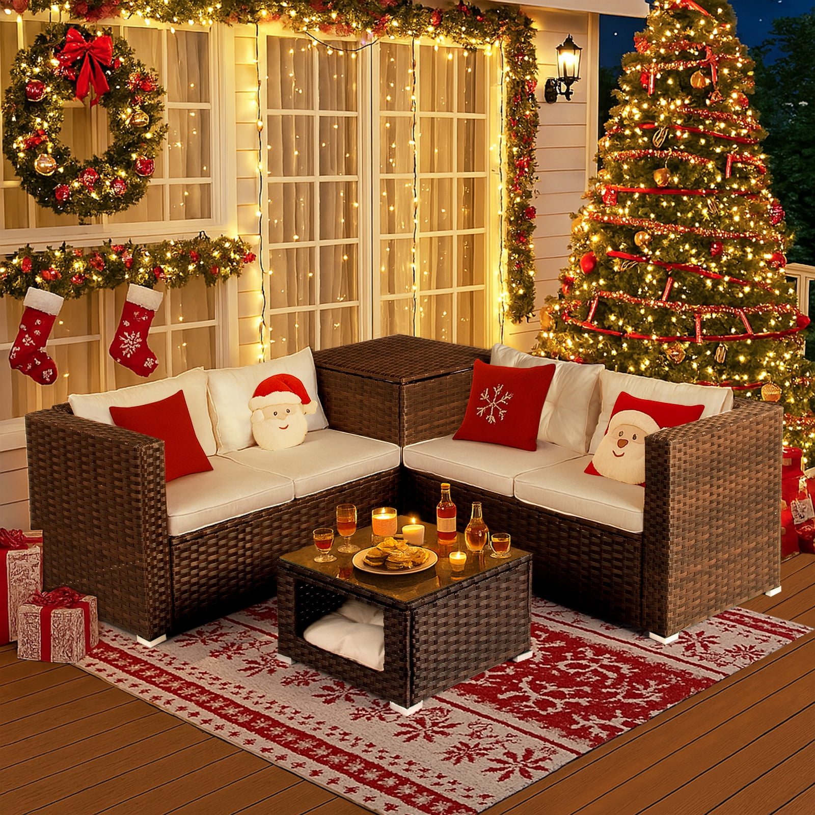 Ktaxon 4 Pieces Modular Patio Sectional with Storage Box & Pet Table, All-Weather PE Wicker, Brown Frame Peacock off-white Cushions