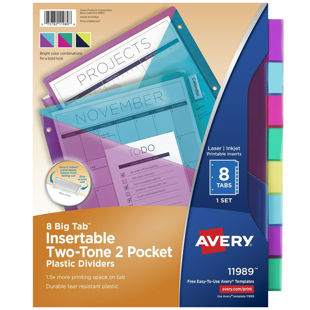 Avery Big Tab Insertable Plastic Dividers, TwoTone, Two Pockets, 8Tab