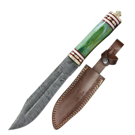 TheBoneEdge 13 Green Bone Handle Damascus Blade Hunting Knife With Leather Sheath