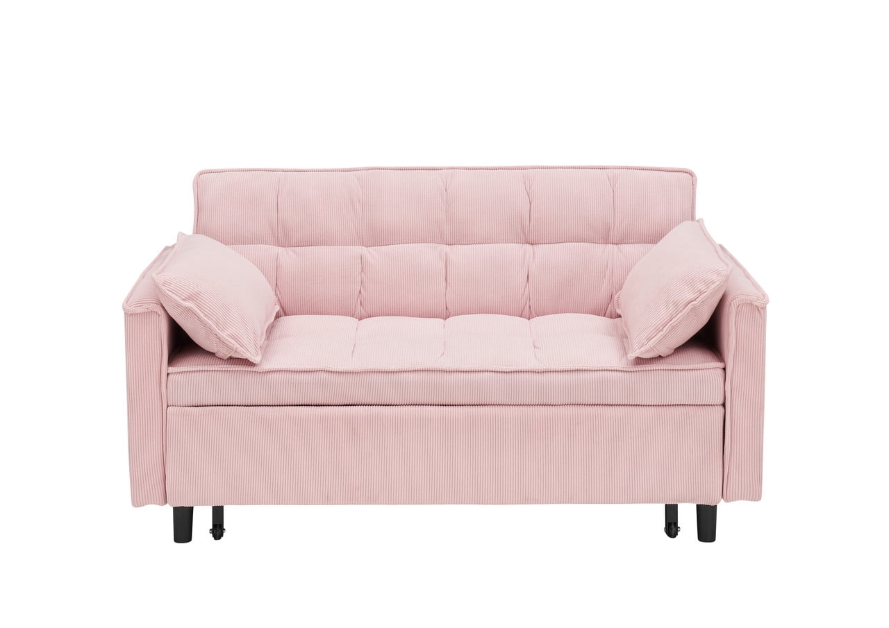 54.3" Corduroy Modular Sectional Sleeper Sofa,Loveseat with Pull Out Bed, Pink – Space-Saving Couch for Living Room, Guest Bed, Apartment